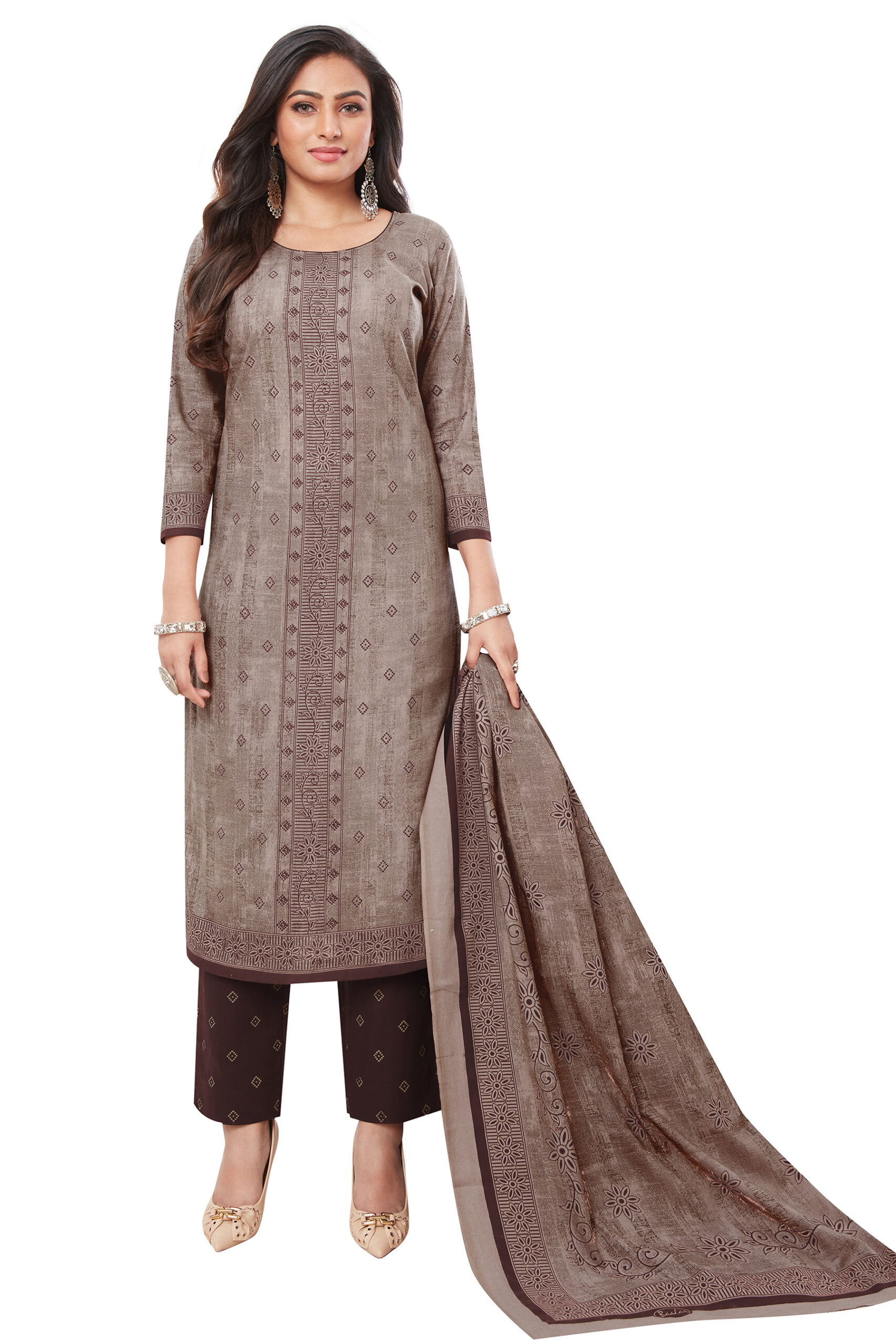 Miraan Unstitched Cotton Printed Dress Material for Women (BAND2420_Brown_Free Size)