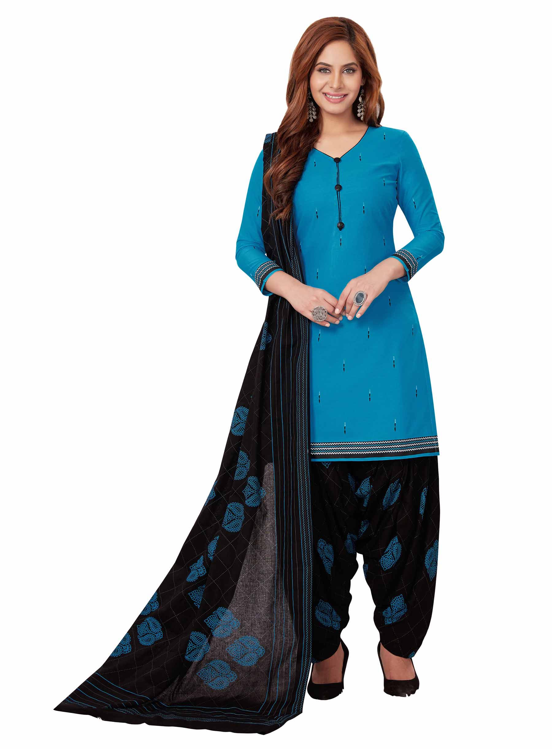 Miraan Cotton Printed Readymade Salwar Suit For Women (Blue)