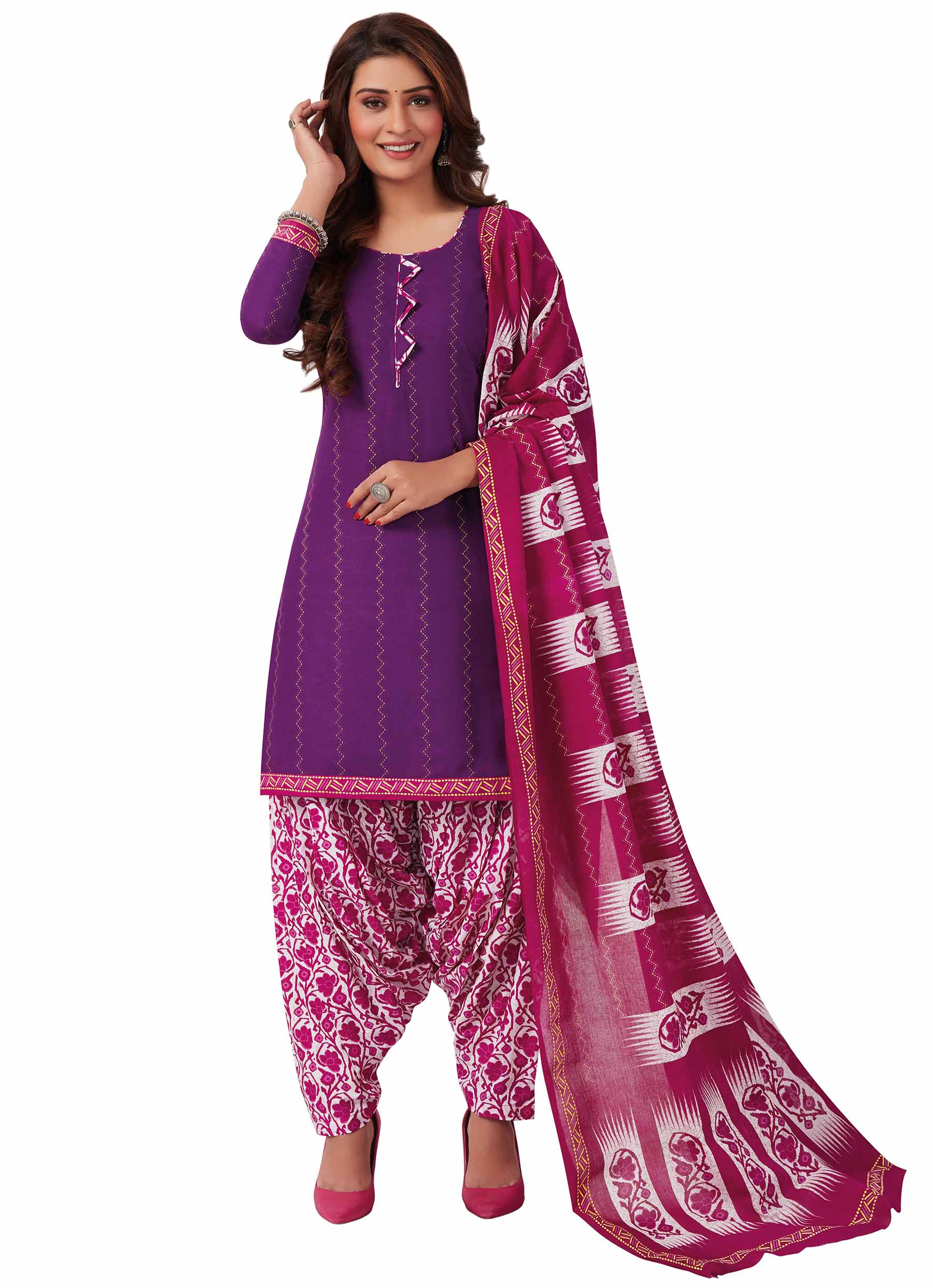 Miraan Cotton Printed Readymade Salwar Suit For Women (Purple)